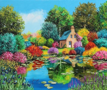 庭園 Painting - 花の咲く池庭